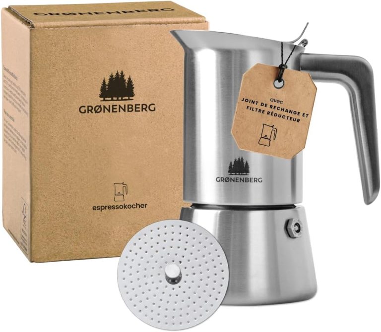 Groenenberg Cafetière Italienne Induction 200 ml, Acier Inoxydable, Filtre Réducteur Inclus, 4 Tasses